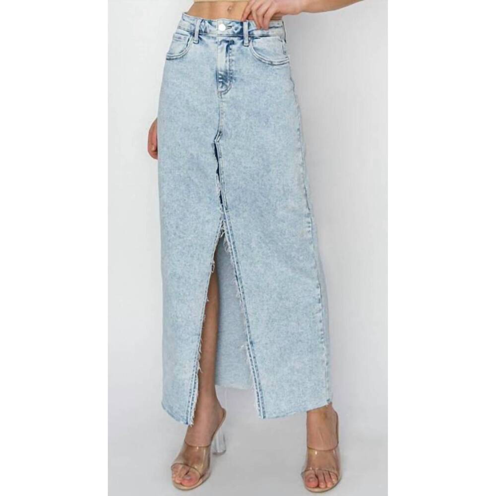 NEW RISEN women's high rise crossover pencil skirt in light wash